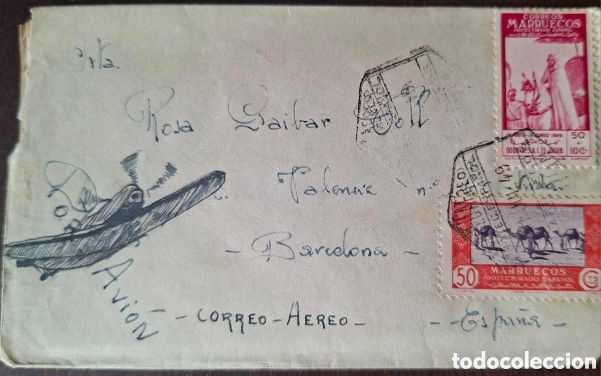 Sellos: Marruecos Carta a Barcelona correo aereo unidad de Transmisiones aer&oacute;dromo tetuan 1949