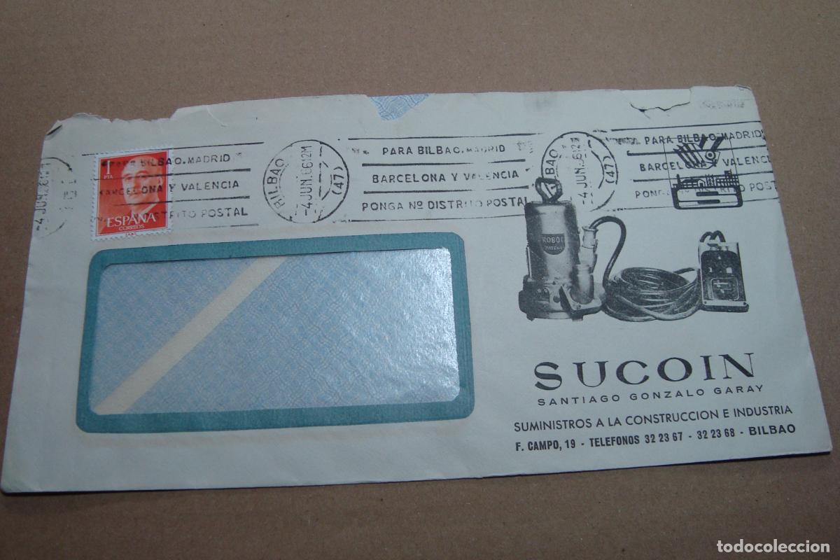 Sellos: SOBRE COMERCIAL SUCOIN SUMINISTROS CONSTRUCCION INDUSTRIA. SANTIAGO GONZALO GARAY. BILBAO 1966