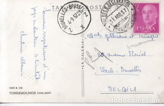 Sellos: POSTAL TORRENOLINOS MALAGA A BELGICA MAT VALORES DECLARADOS 1957