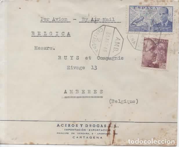 Sellos: CARTAGENA MURCIA A AMBERES CON MAT AMBULANTE 2 CARTAGENA 1946