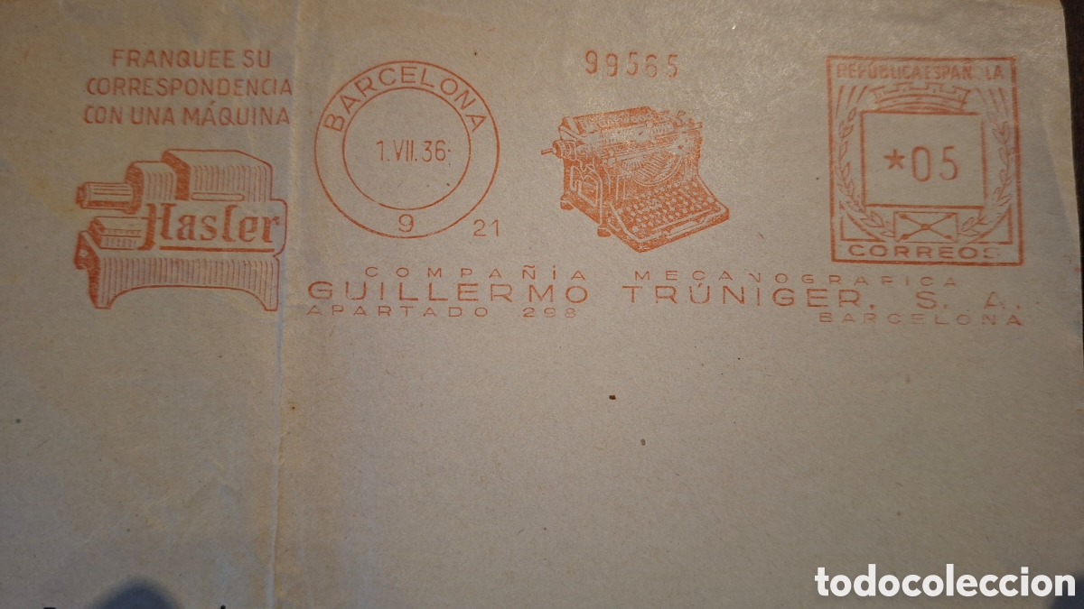 Sellos: Franqueo mecanico M&aacute;quina Hasler Barcelona 1936