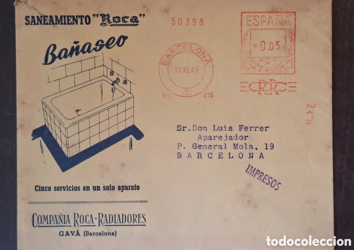 Sellos: Carta Franqueo Mecanico Saneamientos Roca con Folleto publicitario 1950 A Mataro Barcelona