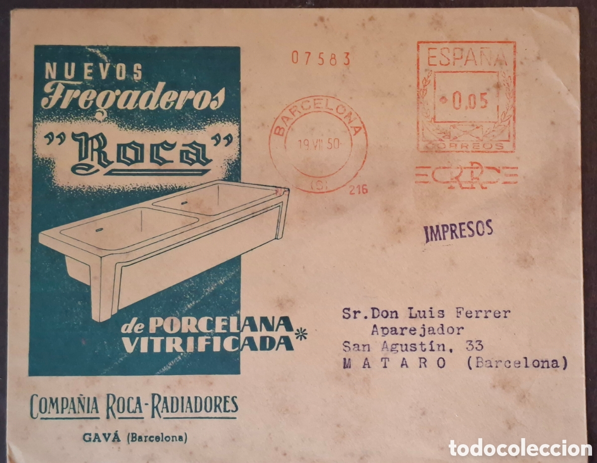 Sellos: Carta Franqueo Mecanico publicidad Fregaderos Roca A mataro Barcelona 1950