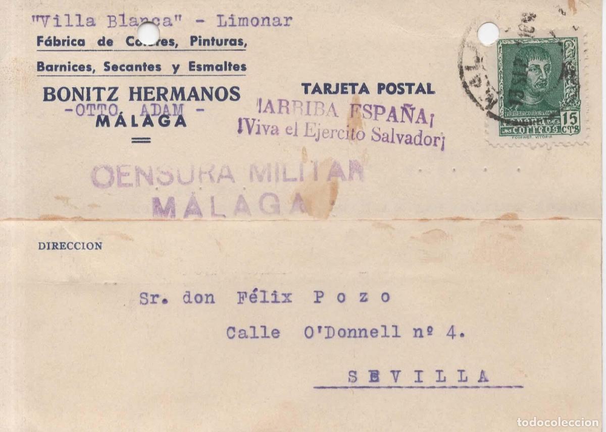 Sellos: ESPA&Ntilde;A GUERRA CIVIL TARJETA MALAGA A SEVILLA CON CENSURA MILITAR Y PRO MALAGA AGUJEROS ARCHIVO