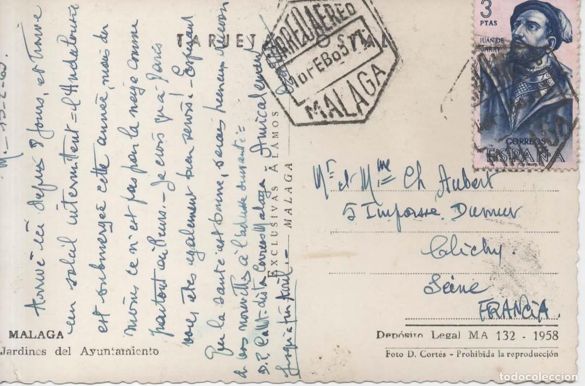 Sellos: ESPA&Ntilde;A MALAGA A FRANCIA CON MAT HEXAGONAL CORREO AEREO FORJADORES JUAN DE GARAY