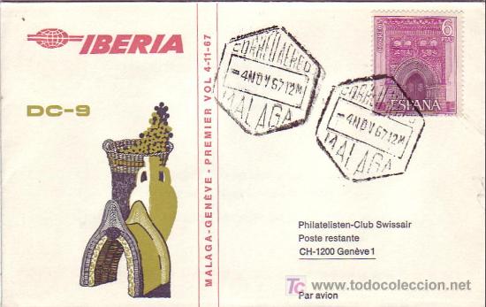 Sellos: PRIMER VUELO POR DC-9 DE IBERIA MALAGA-GINEBRA (SUIZA) 1967 EN CARTA CIRCULADA. LLEGADA AL DORSO.