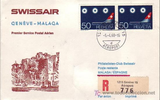 Sellos: PRIMER SERVICIO POSTAL AEREO SWISSAIR GINEBRA-MALAGA 1968 MATASELLOS EN CARTA CIRCULADA. LLEGADA