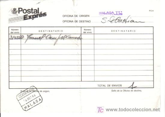 Sellos: DOCUMENTO INTERNO DE CORREOS POSTAL EXPRESS MAT CERTIFICADO DE MALAGA 1986 - Foto 1