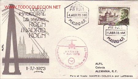 Sellos: RARA MARCA AEREA (GOMIS NUMERO 53) PRIMER VUELO CON BOEING 727 MADRID-COLONIA 1973 EN SOBRE DE ALFIL