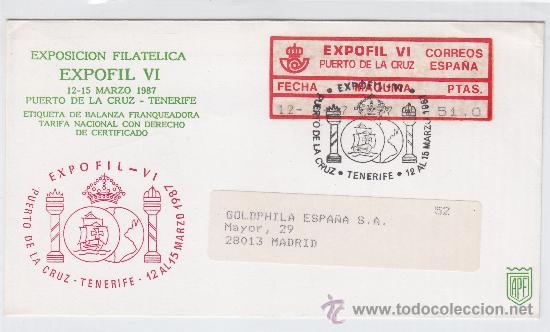Sellos: ETIQUETA EPELSA EXPOFIL VI 1987 UNICO FRANQUEO CERTIFICADO PUERTO DE LA CRUZ CANARIAS-MADRID LLEGADA