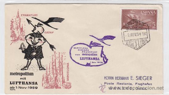 Sellos: PRIMER VUELO CON METROPOLITAN LUFTHANSA BARCELONA-GINEBRA 1959 EN CARTA CIRCULADA CON MARCA AEREA