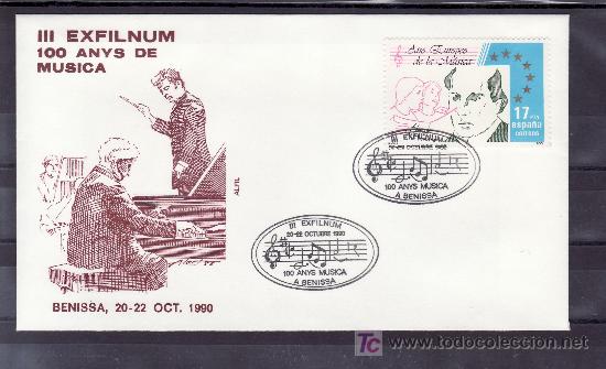 Sellos: 1990 benissa 20-22/10 alfil, musica, 100 a&ntilde;os musica, iii exfilnum