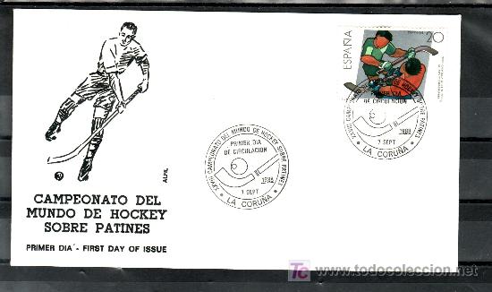 Sellos: 1988 la coru&ntilde;a  7/9 primer dia 2957 alfil, deporte, xxviii campeonato del mundo hockey sobre patines