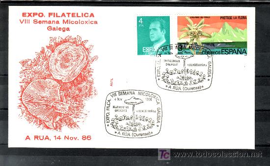 Timbres: 1986 a rua 14/11 alfil, exp. fil. viii semana micologica gallega