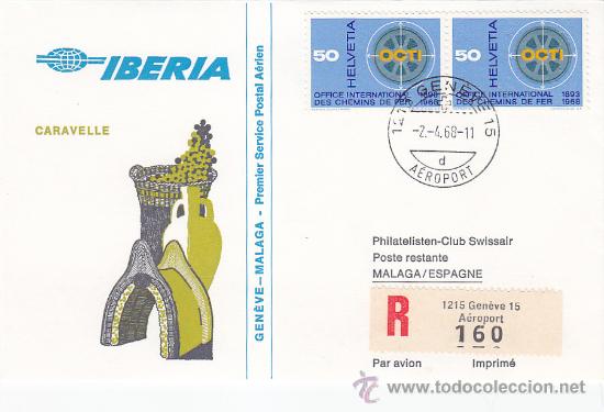 Sellos: PRIMER SERVICIO POSTAL AEREO CARAVELLE IBERIA GINEBRA-MALAGA 1968 MATASELLOS EN CARTA CIRCULADA.