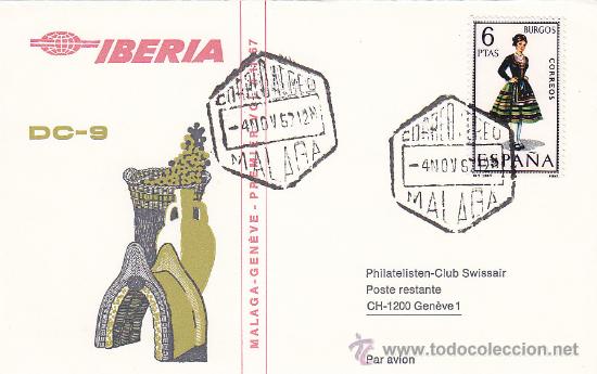 Sellos: PRIMER VUELO POR DC-9 DE IBERIA MALAGA-GINEBRA (SUIZA) 1967 MATASELLOS EN CARTA CIRCULADA. LLEGADA
