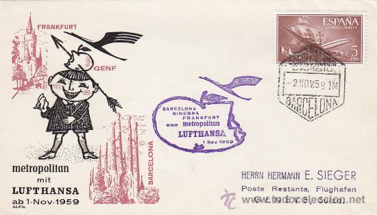 Sellos: PRIMER VUELO CON METROPOLITAN LUFTHANSA BARCELONA-GINEBRA 1959 EN CARTA CIRCULADA CON MARCA AEREA