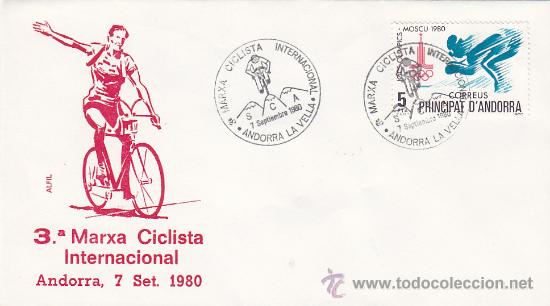 Sellos: CICLISMO 3&ordf; MARXA CICLISTA INTERNACIONAL ANDORRA ESPA&Ntilde;OLA 1980. RARO MATASELLOS EN SOBRE DE ALFIL