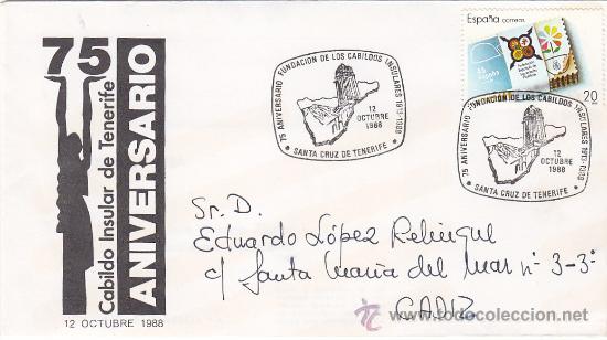 Sellos: FUNDACION CABILDOS INSULARES 75 ANIVERSARIO, SANTA CRUZ DE TENERIFE (CANARIAS) 1988. RARO MATASELLOS