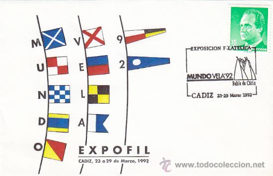 Sellos: DEPORTES BARCOS MUNDO VELA 92 EXPOSICION BAHIA DE CADIZ 1992. RARO MATASELLOS EN SOBRE ILUSTRADO