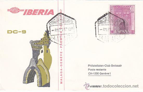 Sellos: PRIMER VUELO POR DC-9 DE IBERIA MALAGA-GINEBRA (SUIZA) 1967 EN CARTA CIRCULADA. LLEGADA AL DORSO.
