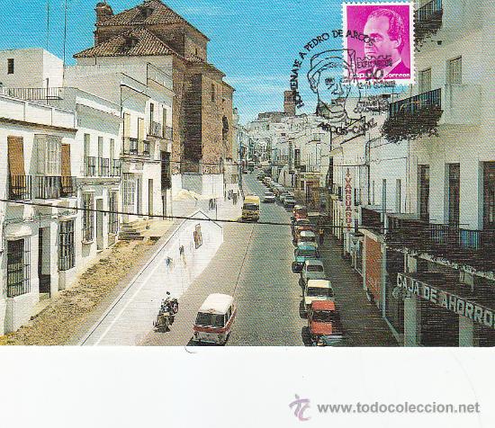 Sellos: PEDRO DE ARCOS HOMENAJE GRUPO TEMATICO COLOMBINO, ARCOS (CADIZ) 1990. MATASELLOS EN POSTAL RARO ASI