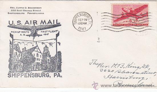 Sellos: PRIMER VUELO PICK-UP ROUTE AM 49-4 SHIPPENSBURG, PA (ESTADOS UNIDOS) 1941 EN CARTA ILUSTRADA.