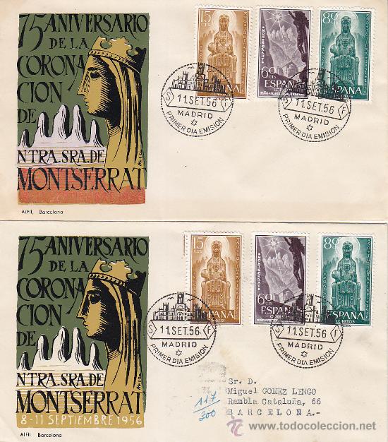 Stamps: RARA VARIEDAD A&Ntilde;O JUBILAR DE MONTSERRAT 1956 (EDIFIL 1192/94) SOBRE PRIMER DIA ALFIL RELIGION RARO