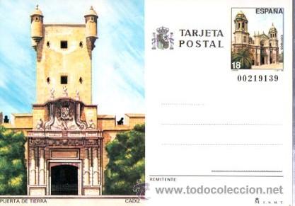 Sellos: TARJETA POSTAL PUERTA DE TIERRA C&Aacute;DIZ - Foto 1