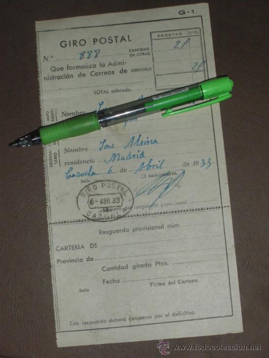 Sellos: RESGUARDO DE GIRO POSTAL, CAZORLA 1933. - Foto 1