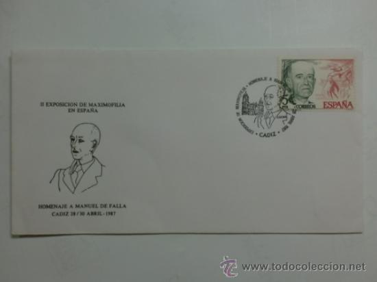 Sellos: SOBRE CON MATASELLOS DE CADIZ, HOMENAJE A MANUEL DE FALLA. 1987. - Foto 1