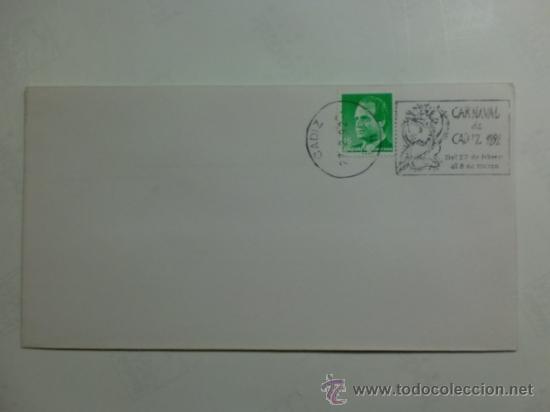 Sellos: SOBRE CON MATASELLOS DEL CARNAVAL DE CADIZ 1992. - Foto 1