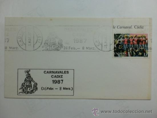 Sellos: SOBRE DEL CARNAVAL DE CADIZ. MATASELLOS DE 1987. CADIZ - Foto 1