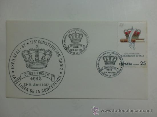 Sellos: SOBRE DE LA LINEA DE LA CONCEPCION. MATASELLOS DE 1987. CONSTITUCION DE CADIZ. - Foto 1