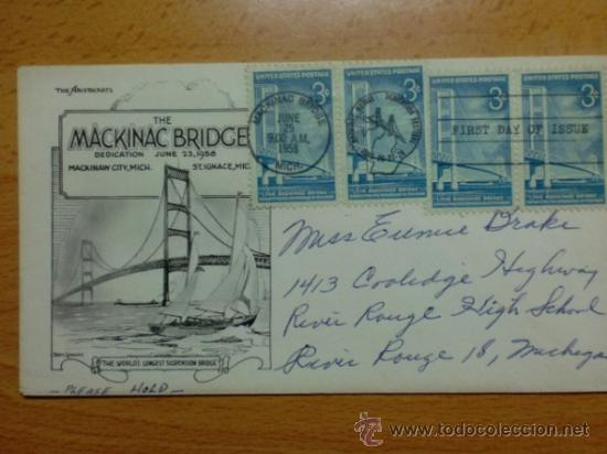 Sellos: SOBRE CON MATASELLOS DE U. S. A. 1958.  MACKINAC BRIDGE. - Foto 1