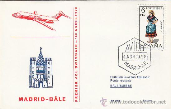 Sellos: PRIMER VUELO DC-9 SWISSAIR MADRID-BASILEA (SUIZA) 1 ABRIL 1970 EN SOBRE CIRCULADO E ILUSTRADO MOD 1