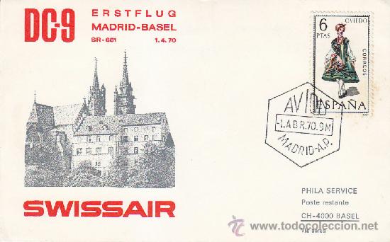 Sellos: PRIMER VUELO DC-9 SWISSAIR MADRID-BASILEA (SUIZA) 1 ABRIL 1970 EN SOBRE CIRCULADO E ILUSTRADO MOD 2