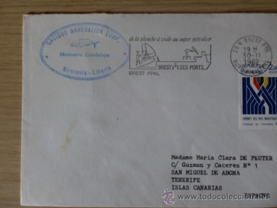 Sellos: SOBRE CON MATASELLOS. BREST PPAL. 1982.  CACIQUE NAVEGATION CORP. MOTONAVE GUADALUPE.