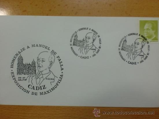Sellos: SOBRE CON MATASELLOS DE CADIZ 1987. HOMENAJE A MANUEL DE FALLA. - Foto 1