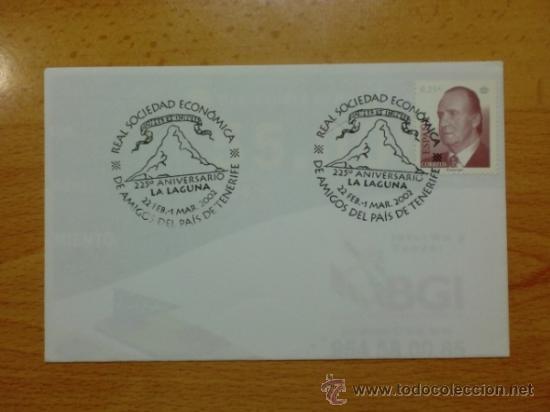 Stamps: SOBRE CON MATASELLOS DE LA LAGUNA. 2002. 225 ANIV. REAL SDAD. DE AMIGOS DEL PAIS DE TENERIFE.