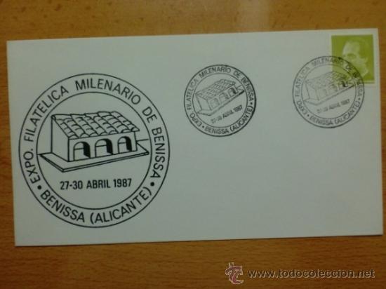 Selos: SOBRE CON MATASELLOS DE BENISSA, ALICANTE. 1987. EXPO. FILAT. MILENARIO DE BENISSA.