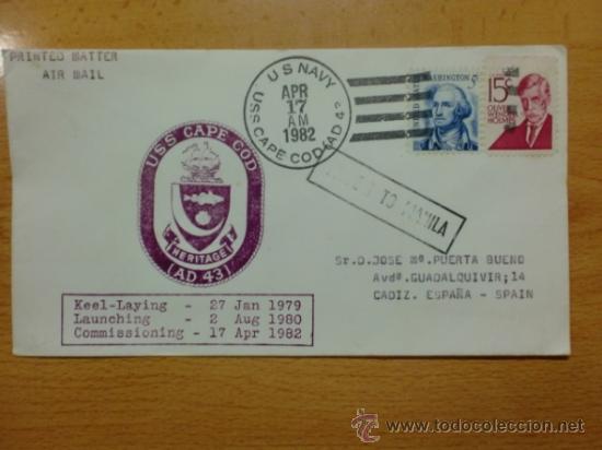 Sellos: SOBRE CON MATASELLOS DE U.S. NAVY. 1982. USS CAPE COD, AD-43. - Foto 1
