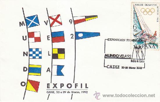Sellos: DEPORTES BARCOS MUNDO VELA 92 EXPOSICION BAHIA DE CADIZ 1992. MATASELLOS EN SOBRE RARO FRANQUEO