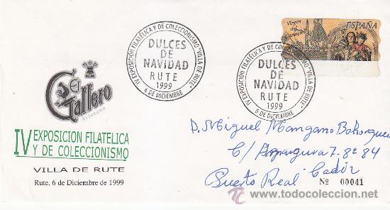 Sellos: DULCES DE NAVIDAD EL GALLERO ARTESANO, RUTE (CORDOBA) 1999. MATASELLOS EN RARO SOBRE ILUSTRADO