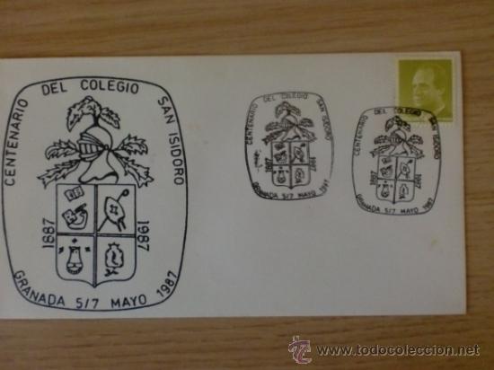 Sellos: SOBRE CON MATASELLO. GRANADA. 1987. CENTENARIO DEL COLEGIO SAN ISIDORO. - Foto 1