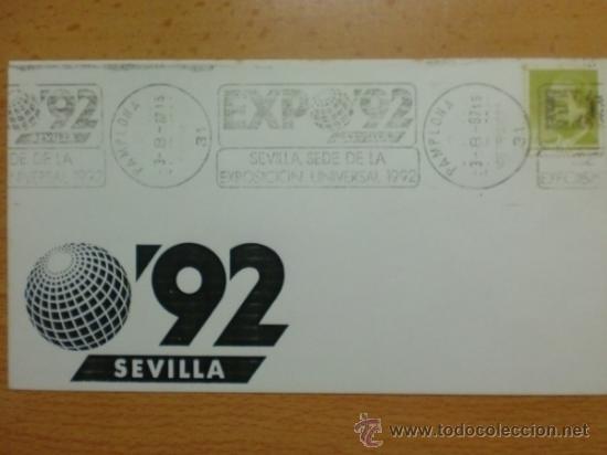 Timbres: SOBRE CON MATASELLO. PAMPLONA. 1987. EXPO&acute;92. SEVILLA SEDE DE LA EXPOSICION UNIVERSAL 1992.
