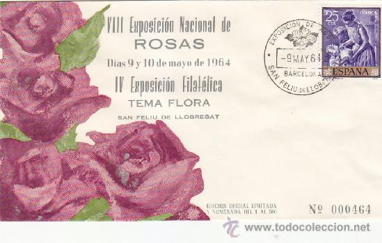 Sellos: ROSAS EXPOSICION NACIONAL, SAN FELIU DE LLOBREGAT (BARCELONA) 1964. MATASELLOS RARO SOBRE EO MOD 3