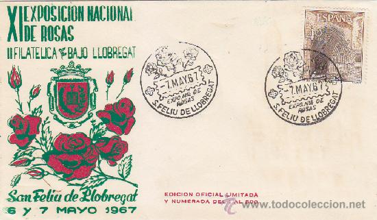 Sellos: ROSAS EXPOSICION NACIONAL, SAN FELIU DE LLOBREGAT (BARCELONA) 1967. MATASELLOS RARO SOBRE EO MOD 3
