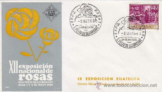 Sellos: ROSAS EXPOSICION, SAN FELIU DE LLOBREGAT (BARCELONA) 1968. MATASELLOS EN SOBRE EO MOD 1 CORTA TIRADA