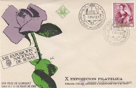 Sellos: ROSAS EXPOSICION NACIONAL, SAN FELIU DE LLOBREGAT (BARCELONA) 1969. MATASELLOS RARO SOBRE EO VIOLETA